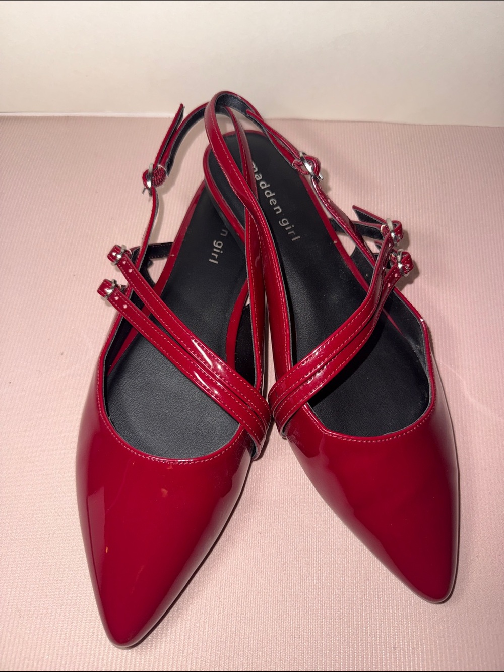Madden Girl Red Patent Pointed Slingback Flats with Cross Straps
